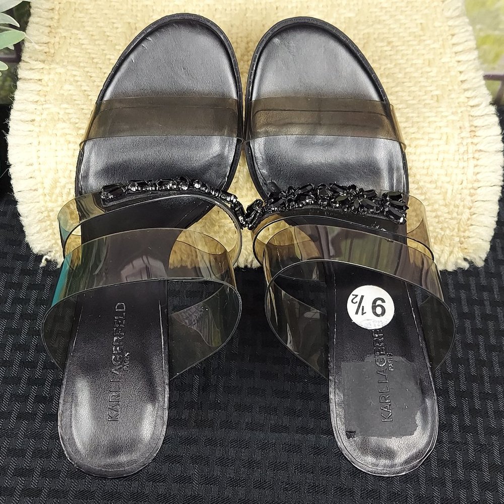 KARL LAGERFELD PARIS BRENTLY 3 BAND HIGH HEEL SLIDE SANDALS (9.5) - Picture 7 of 15